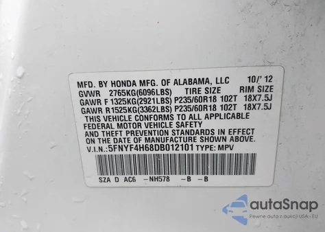 2013 Honda Pilot Ex-L from USA, damaged, VIN 5FNYF4H68DB012101